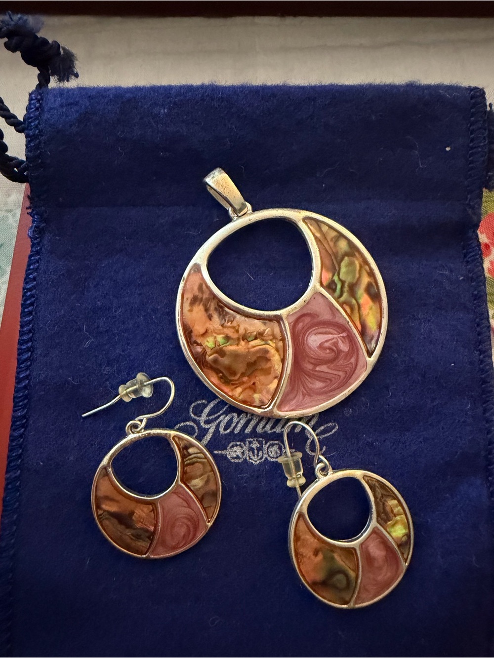 Vintage-80’s  silver metal  Pink and Brown Circular Pendant & Earrings Set